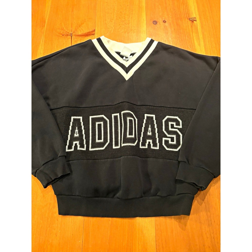 Adidas Originals Mens S Black V-Neck Fleece Pullover Sweatshirt Logo